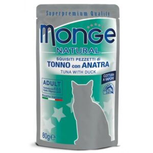 Monge Natural kons. pašaras suaugusioms katėms tuno kąsneliai su antiena želėje 80g