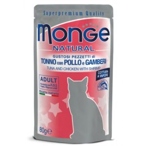 Monge Natural kons. pašaras suaugusioms katėms tuno ir vištienos kąsneliai su krevetėmis želėje 80g