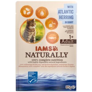 IAMS Naturally Adult konservuotas pašaras suaugusioms katėms su skania atlanto silke padaže 85g
