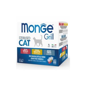 Monge Grill konservuotas pašaras sterilizuotoms katėms mix su vištiena/veršiena/upėtakiu 85g x12