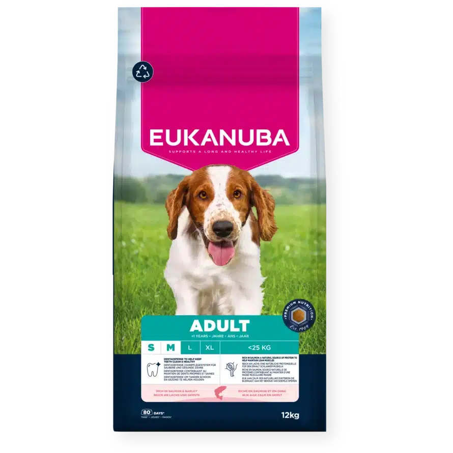 8710255202006 Eukanuba Life Care sausas pašaras mažų ir vidutinių veislių šunims su lašiša ir miežiais, S-M, 12 kg