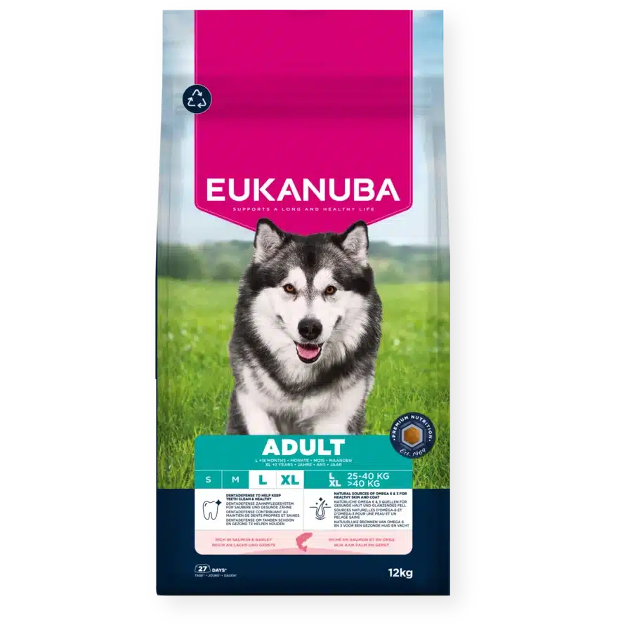 8710255202013 Eukanuba Life Care sausas pašaras didelių veislių šunims su lašiša ir miežiais, L, 12 kg