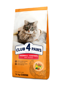 CLUB 4 PAWS Premium visavertis sausas maistas suaugusioms katėms su vilnos pašalinimu iš virškinamojo trakto efektu „Hairball control“, 14 kg