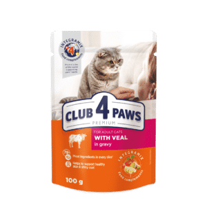 CLUB 4 PAWS Premium visavertis konservuotas maistas suaugusioms katėms su veršiena padaže, 100 g x 24