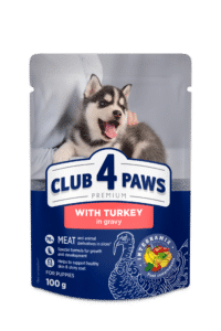 CLUB 4 PAWS Premium visavertis konservuotas maistas šuniukams su kalakutiena padaže, 100 g x 24 vnt