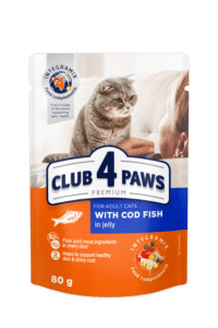 CLUB 4 PAWS Premium visavertis konservuotas maistas suaugusioms katėms su menke drebučiuose, 80 g x 24