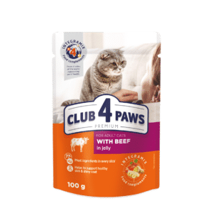 CLUB 4 PAWS Premium visavertis konservuotas maistas suaugusioms katėms su jautiena drebučiuose, 100 g x 24