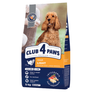 CLUB 4 PAWS Premium visavertis sausas maistas suaugusiems, sterilizuotiems ir turintiems polinkį į nutukimą, vidutinių ir didelių veislių šunims su dideliu kiekiu kalakutienos "LIGHT", 5 kg