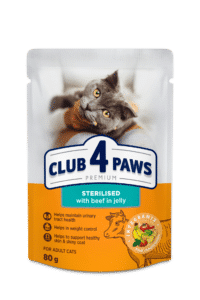 CLUB 4 PAWS Premium visavertis konservuotas maistas suaugusioms sterilizuotoms katėms su jautiena drebučiuose, 80 g x 24