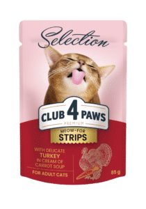 CLUB 4 PAWS Premium visavertis konservuotas maistas suaugusioms katėms su kalakutienos juostelėmis kreminėje morkų sriuboje, 85 g x 12
