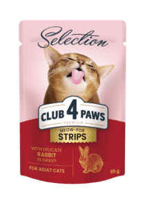 CLUB 4 PAWS Premium visavertis konservuotas maistas suaugusioms katėms su triušienos juostelėmis padaže, 85 g x 12