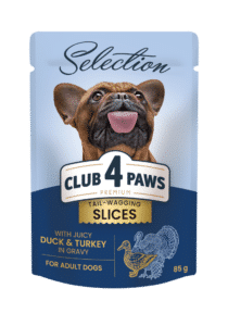 CLUB 4 PAWS Premium Plus visavertis konservuotas maistas suaugusiems mažos veislės šunims su antienos ir kalakutienos gabaliukais padaže, 85 g x 12