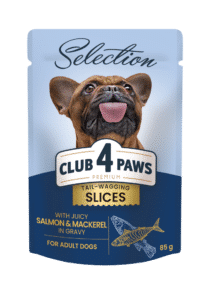 CLUB 4 PAWS Premium Plus visavertis konservuotas maistas suaugusiems mažos veislės šunims su lašiša ir skumbrės gabaliukais padaže, 85 g x 12