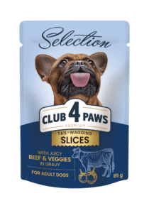 CLUB 4 PAWS Premium Plus visavertis konservuotas maistas suaugusiems mažos veislės šunims su jautienos ir daržovių gabaliukais padaže, 85 g x 12