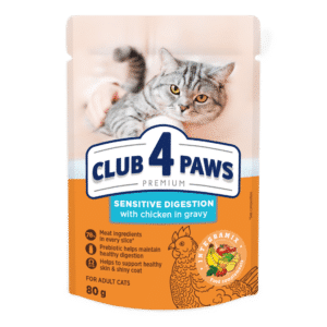 CLUB 4 PAWS Premium visavertis konservuotas maistas suaugusioms katėms jautriam virškinimui „SENSITIVE DIGESTION“, 80 g x 24