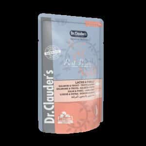 DR. CLAUDER'S drėgnas maistas katėms su lašiša ir upėtakiu drebučiuose 100 g