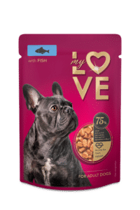 MY LOVE pilnavertis konservuotas pašaras suaugusiems šunims su žuvimi, 100 g x 24