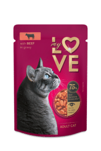 MY LOVE pilnavertis konservuotas pašaras suaugusioms katėms su jautiena padaže, 85 g x 24