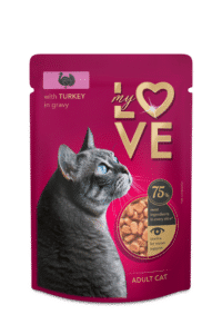 MY LOVE pilnavertis konservuotas pašaras suaugusioms katėms su kalakutiena padaže, 85 g x 24