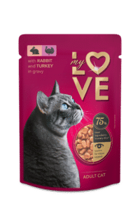 MY LOVE pilnavertis konservuotas pašaras suaugusioms katėms su triušiena ir kalakutiena padaže, 85 g x 24