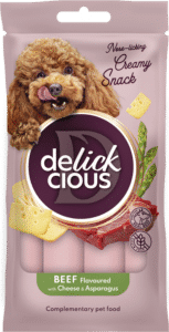 DELICKCIOUS kreminiai skanėstai – jautiena pagardinta sūriu ir smidrais. Pašaro papildas suaugusiems šunims (4x0,015 kg), 0,06 kg x 18