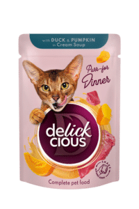 DELICKCIOUS juostelės su antiena ir moliūgais kreminėje sriuboje. Visavertis konservuotas pašaras suaugusioms katėms, 0,085 kg x12
