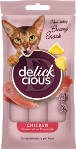 DELICKCIOUS kreminiai skanėstai vištienos skonio su ananasais. Pašaro papildas suaugusioms katėms (4x0,015 kg), 0,06 kgx18