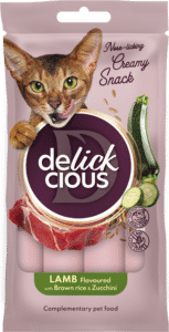 DELICKCIOUS kreminiai skanėstai – ėriena pagardinta rudaisiais ryžiais ir cukinija. Pašaro papildas suaugusioms katėms (4x0,015 kg), 0,06 kgx18