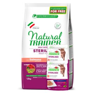 NATURAL TRAINER Cat adult Sterilised salmon su lašiša 1.5kg + 2konsevai