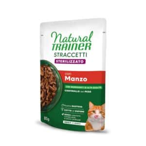 NATURAL TRAINER Straccetti CAT Sterilized konservas su jautiena 85g x 12 vnt.