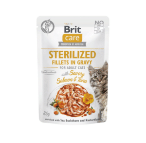Brit Care Cat Sterilized Fillets in Gravy with Savory Salmon&Tuna konservuotas pašaras katėms maiš.