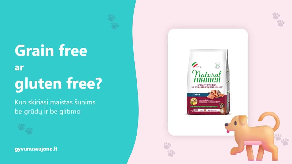 Grain free ar gluten free maistas šunims – Natural Trainer No Grain pakuotė ir šuo